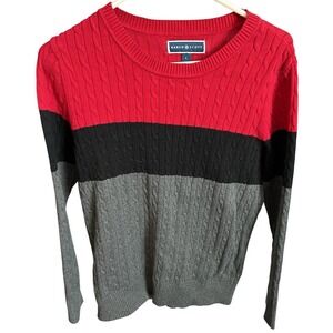 Karen Scott Cable Knit Sweater Color Block Pullover Long Sleeve Red Black Gray L